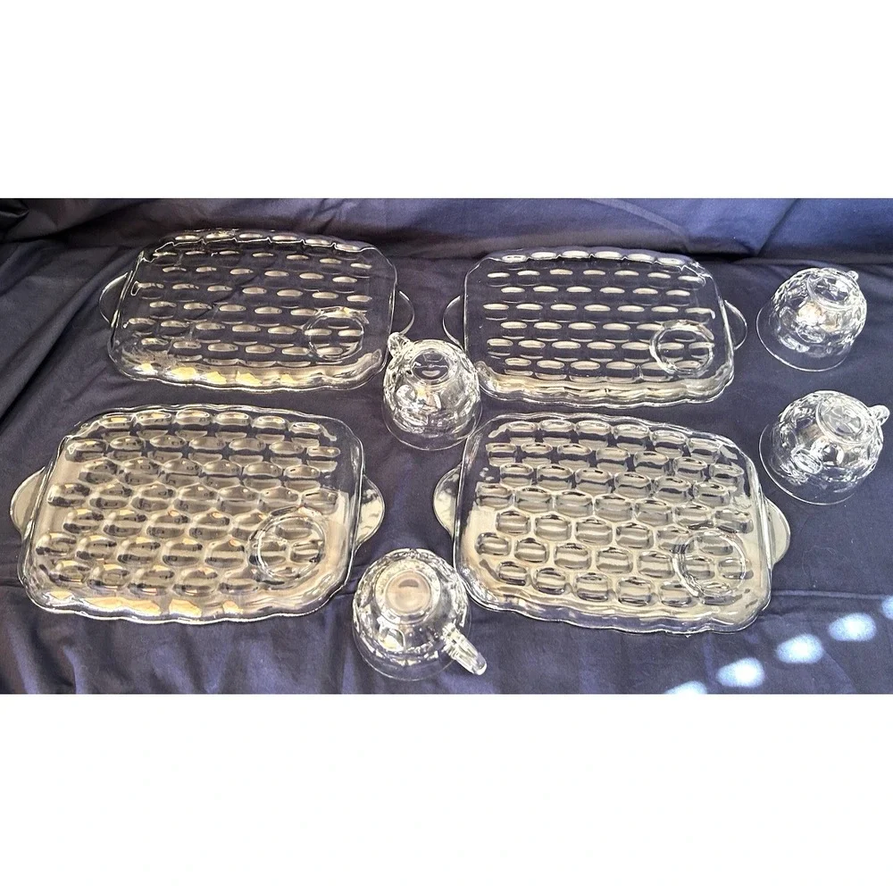 1950s Federal Glass Yorktown Thumbprint Set of 4,  8 total item Snack Plate Cup